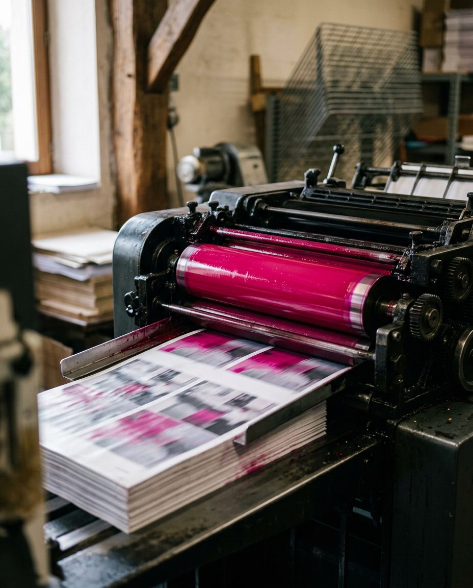 Presse offset en fonctionnement, rouleaux d'encre magenta