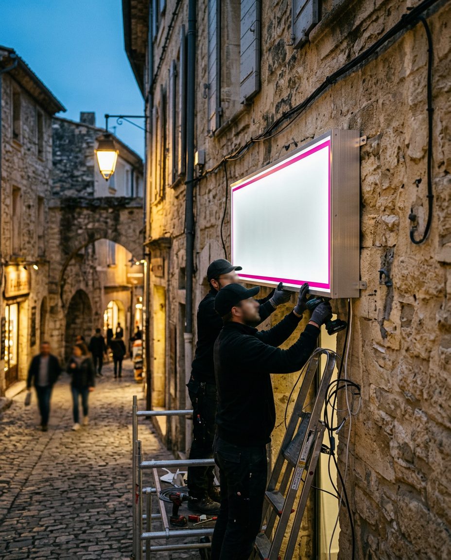 Pose d'une enseigne lumineuse sur une façade en pierre