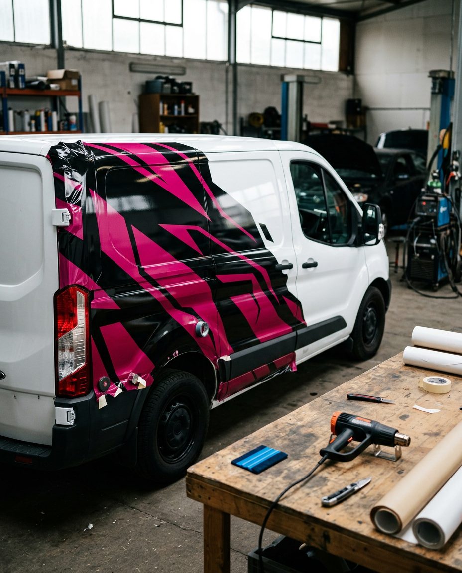 Utilitaire en cours de covering noir et magenta